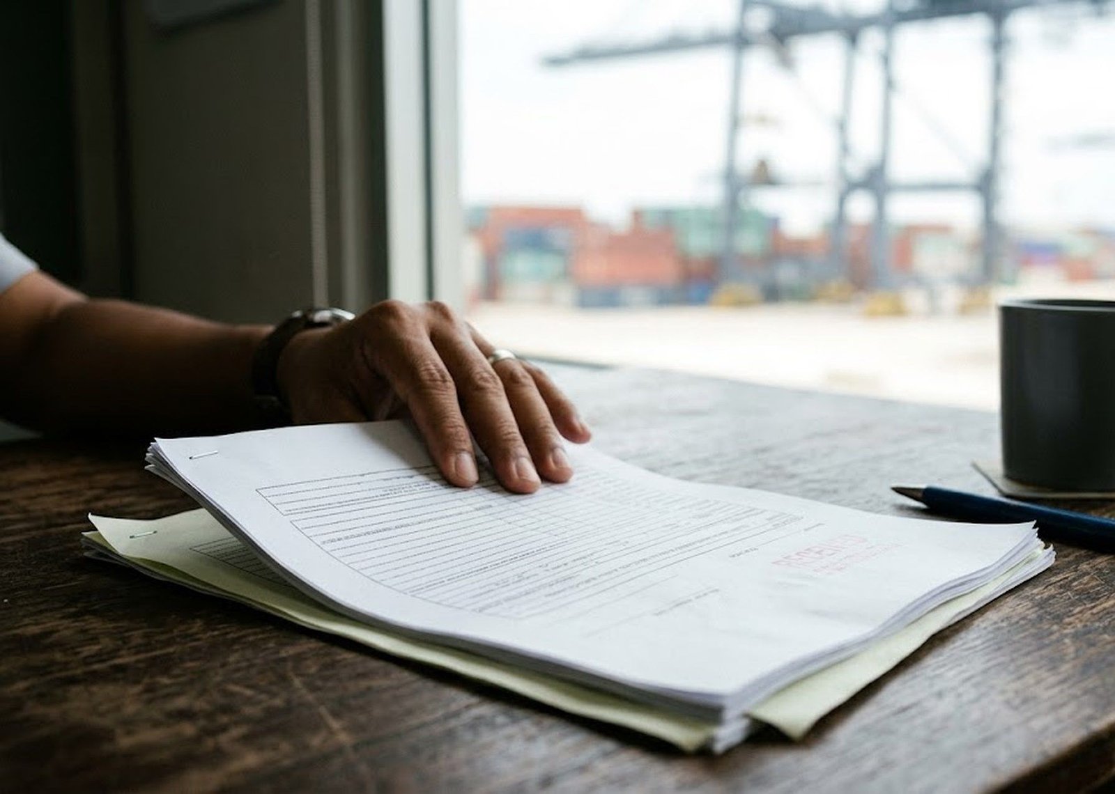 Shipping documents open on a desk, with a container terminal through the window.