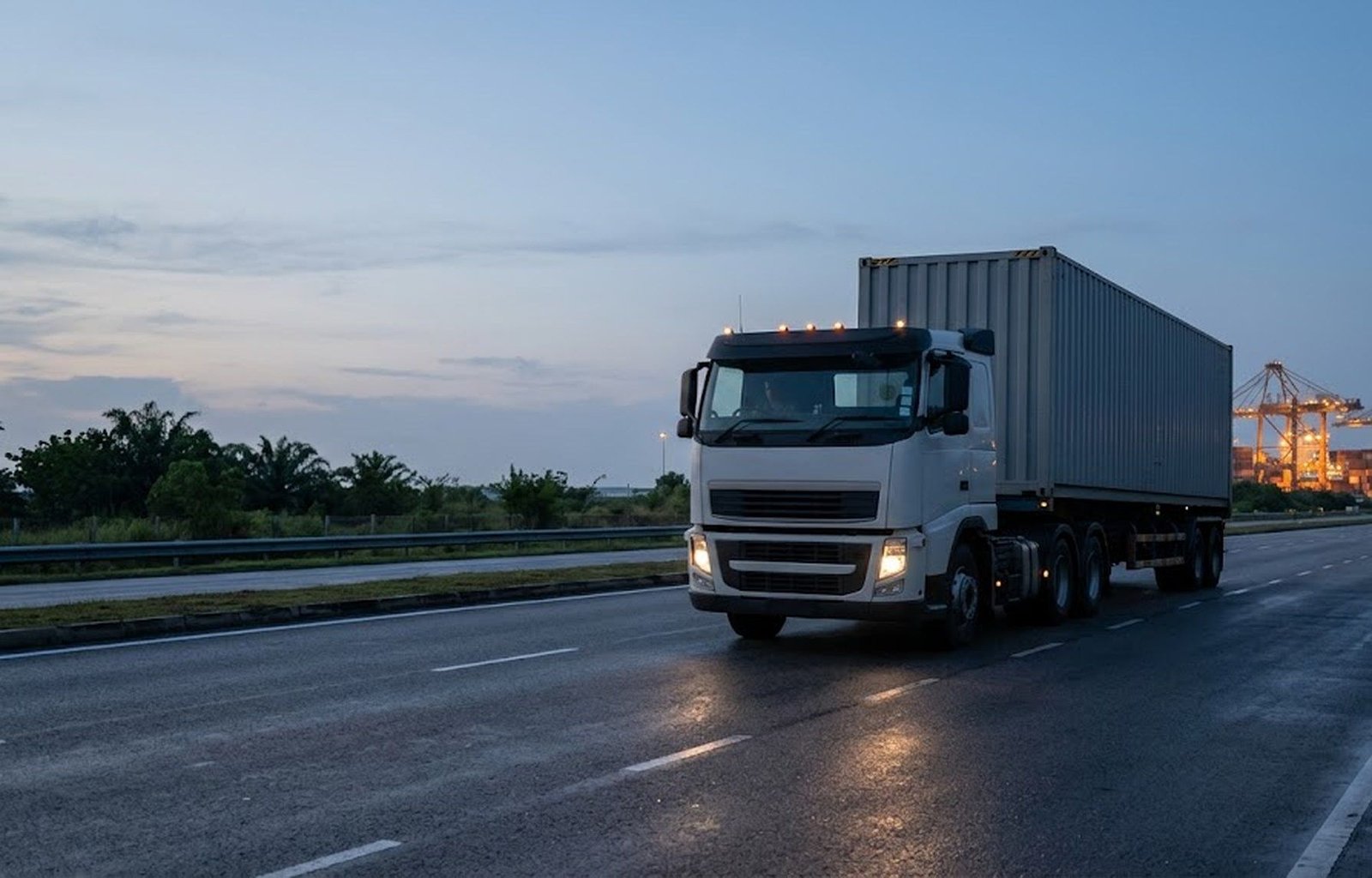 A container trailer on the road at dusk, approaching a lit port.